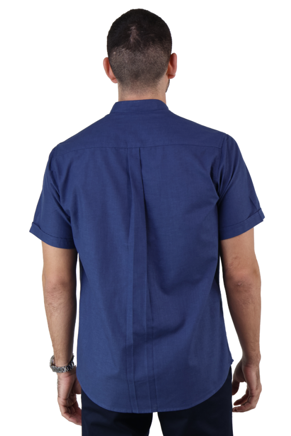 Camisa Look De Lino Manga Corta Azul Marino Cuello Mao Slim Fit Hombre